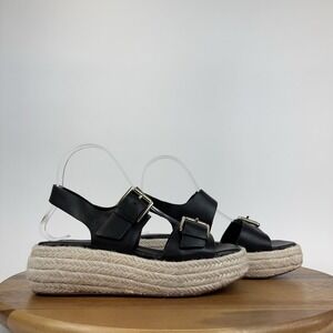 Womens Nordstrom Vila Black Leather Espadrille Platform Sandals Size 6 M EUC‎